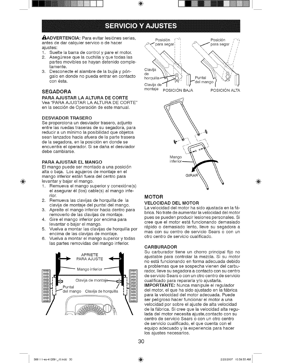 Servicio y ajustes, Desviador trasero, Para ajustar el mango | Velocidad del motor, Carburador, Servicio y adjustes | Craftsman 917.388111 User Manual | Page 30 / 44