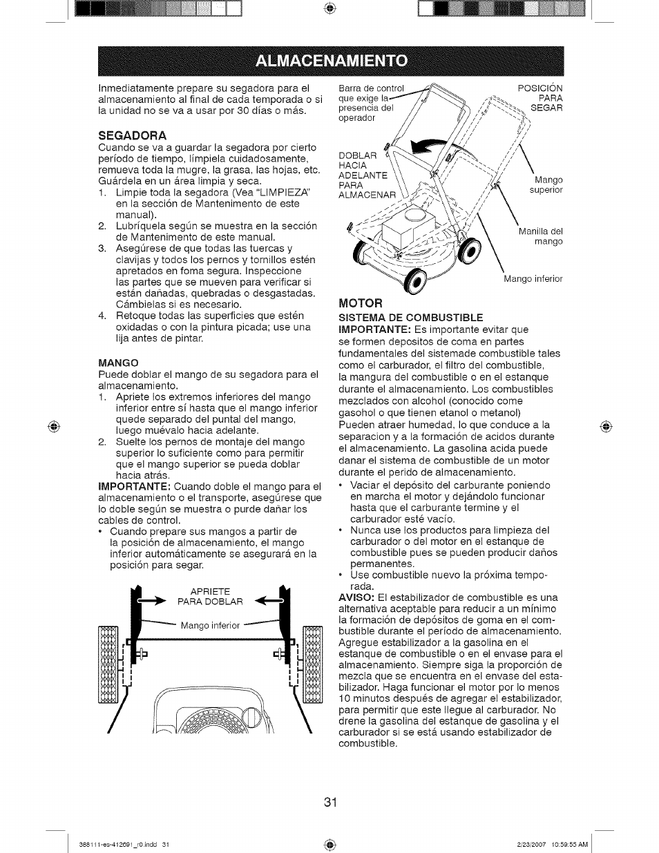 Almacenamiento, Mango, Motor | Craftsman 917.388111 User Manual | Page 31 / 44