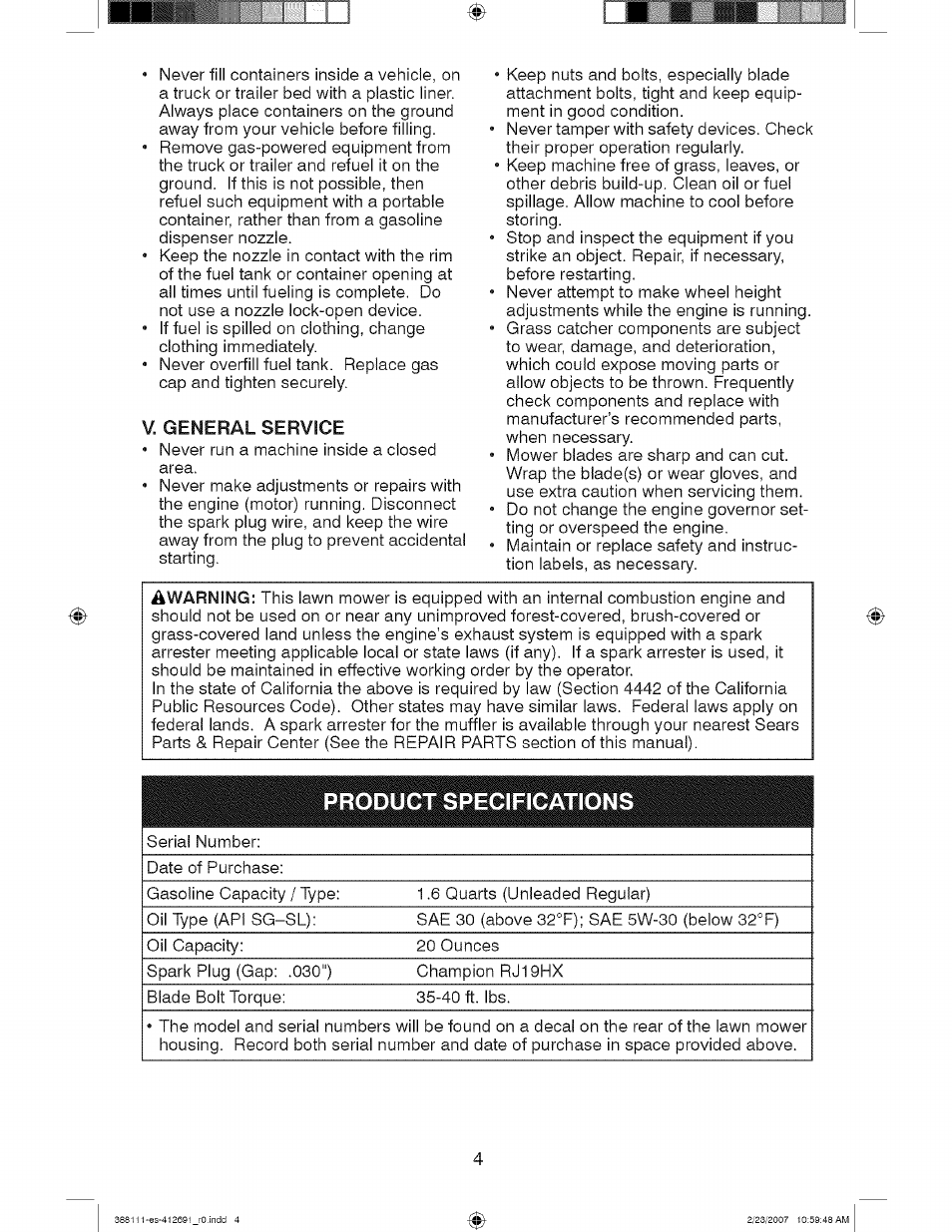 V. general service | Craftsman 917.388111 User Manual | Page 4 / 44