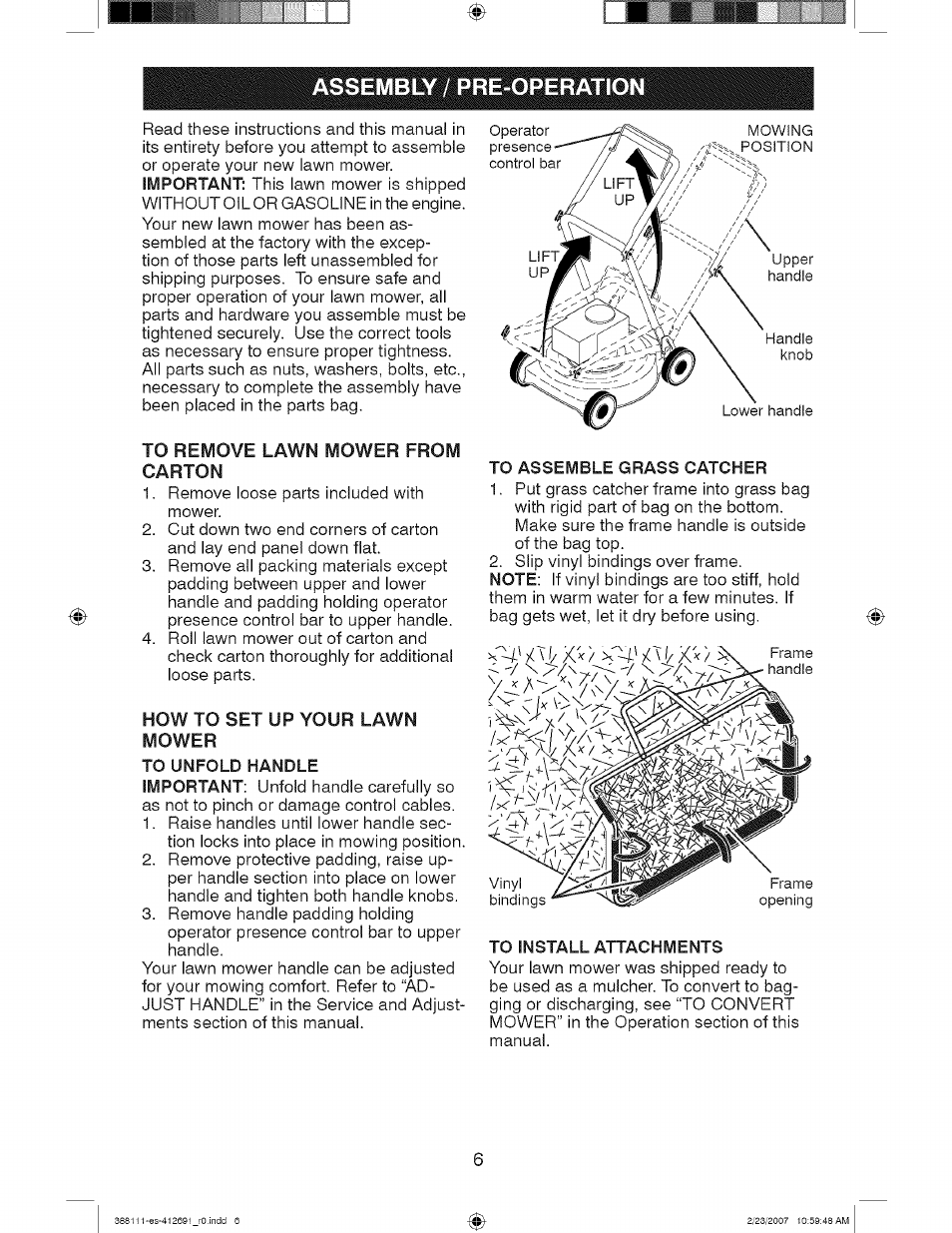 Assembly / pre-operation, To remove lawn mower from carton, How to set up your lawn mower | To assemble grass catcher, To install attachments | Craftsman 917.388111 User Manual | Page 6 / 44