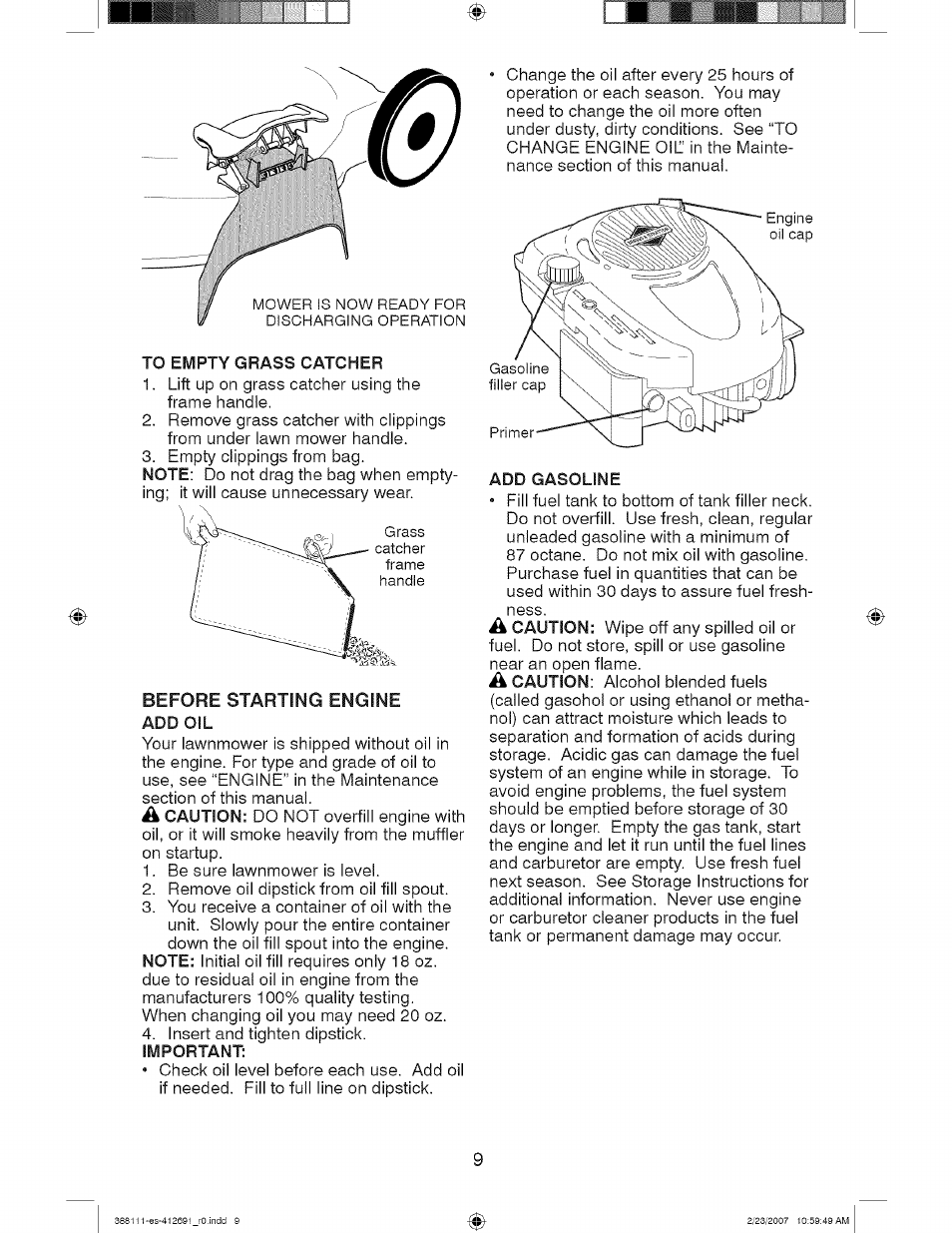 Before starting engine add oil, Add gasoline | Craftsman 917.388111 User Manual | Page 9 / 44