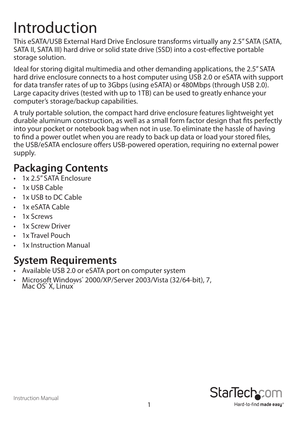 Introduction, Packaging contents, System requirements | StarTech.com SAT2510BU2E User Manual | Page 4 / 12