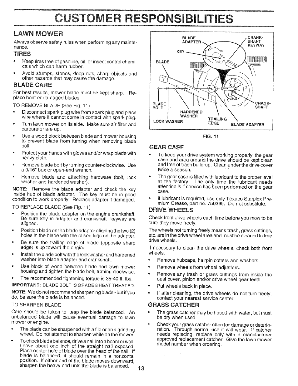 Customer responsibilities, Tires, Gear case | Drive wheels, Grass catcher, Drive belt, Lawn mower | Craftsman 917.37459 User Manual | Page 13 / 32