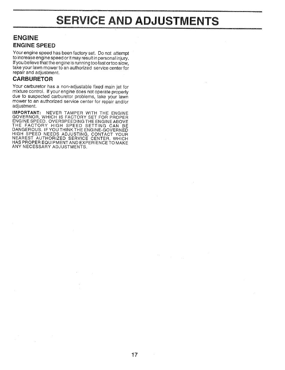 Engine speed, Carburetor, Ser¥ice and adjustments | Craftsman 917.37459 User Manual | Page 17 / 32