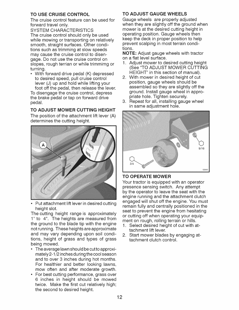To adjust mower cutting height, To adjust gauge wheels | Craftsman 28928 User Manual | Page 12 / 64