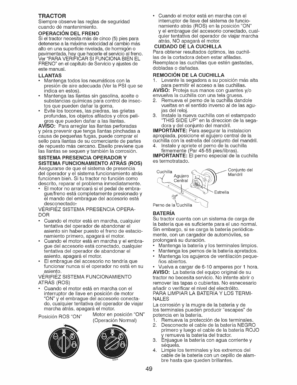Operación del freno, Llantas, Remoción de la cuchilla | Bateria | Craftsman 28928 User Manual | Page 49 / 64