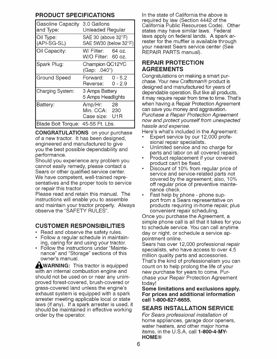 Customer responsibilities, Repair protection agreements, Sears installation service | Craftsman 28928 User Manual | Page 6 / 64