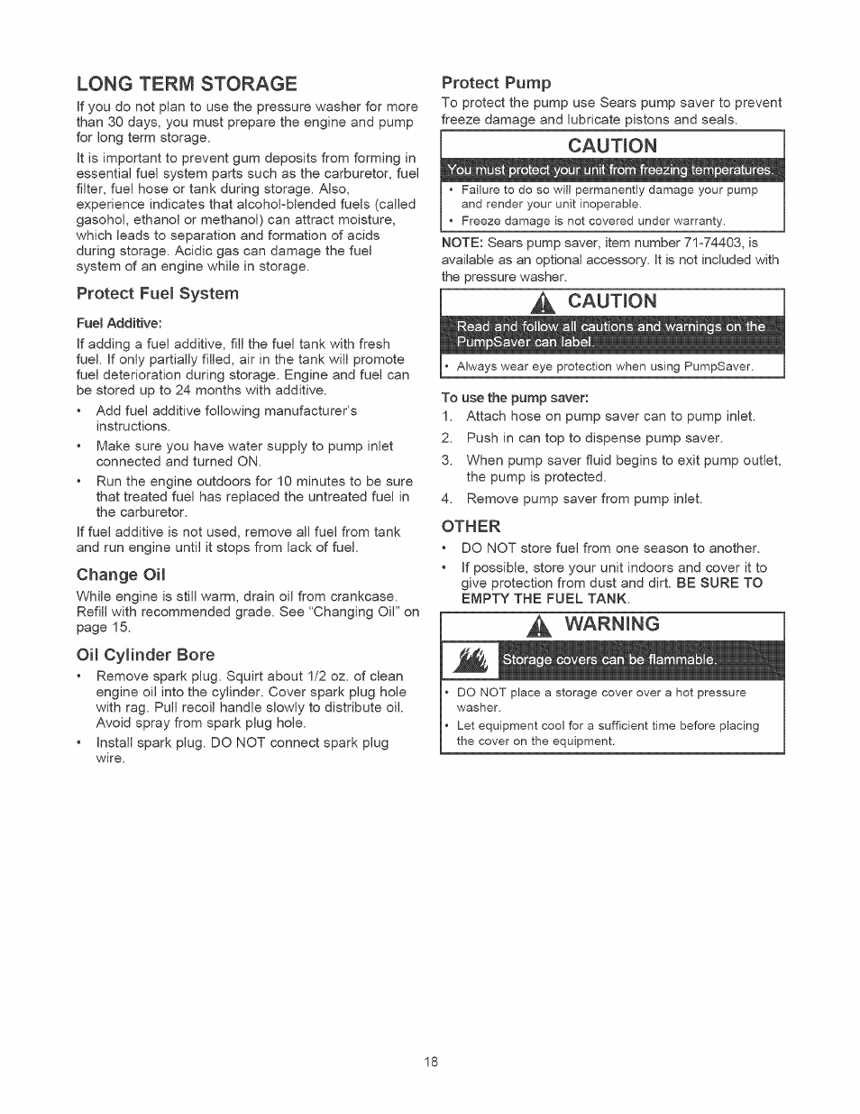 Long term storage, Protect fuel system, Change oil | Oil cylinder bore, Protect pump, Caution, Other, Warning | Craftsman 580.752010 User Manual | Page 18 / 48