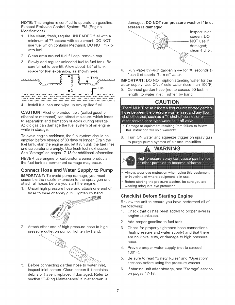 Connect hose and water supply to pump, Checklist before starting engine | Craftsman 580.752010 User Manual | Page 7 / 48