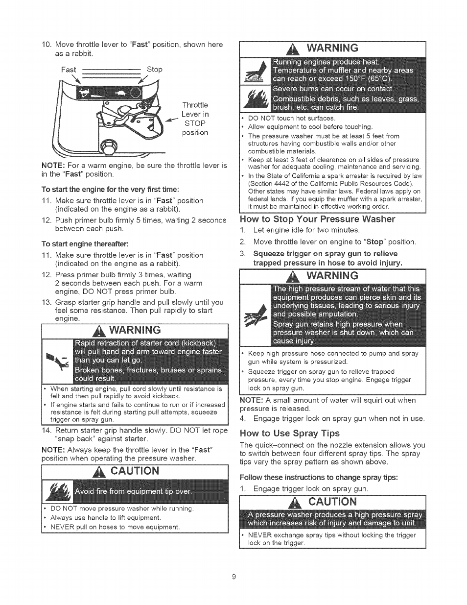 Caution, How to stop yoyr pressure washer, How to use spray tips | Craftsman 580.752010 User Manual | Page 9 / 48