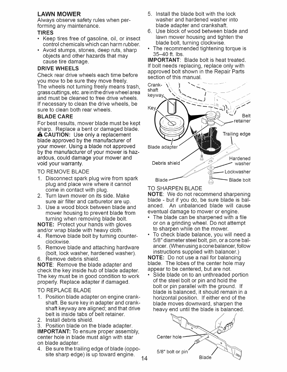 Drive wheels, Blade care | Craftsman 917.374366 User Manual | Page 14 / 52