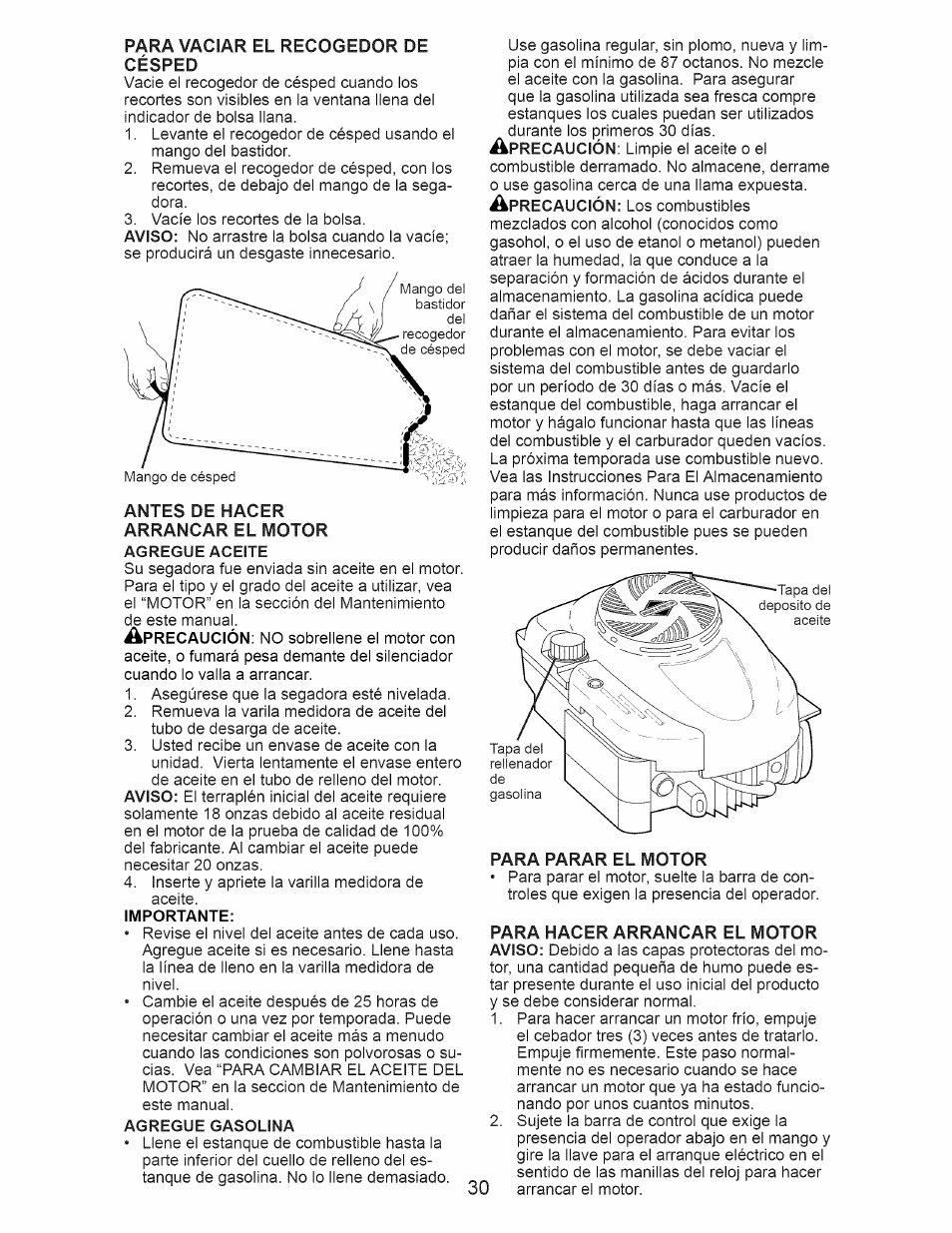 Para parar el motor, Para hacer arrancar el motor | Craftsman 917.374366 User Manual | Page 30 / 52