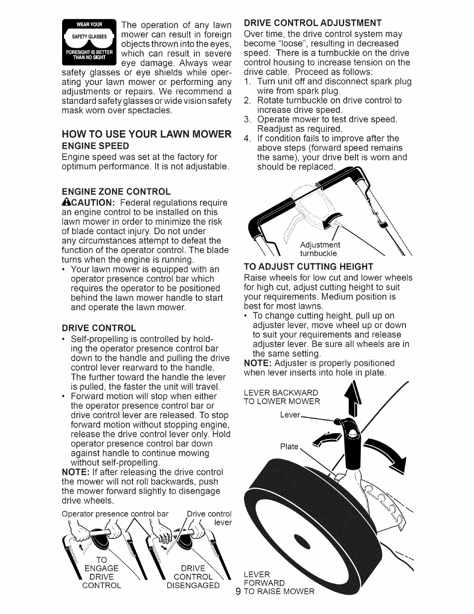 Engine speed, Engine zone control, Drive control | Drive control adjustment, To adjust cutting height, How to use your lawn mower | Craftsman 917.374366 User Manual | Page 9 / 52