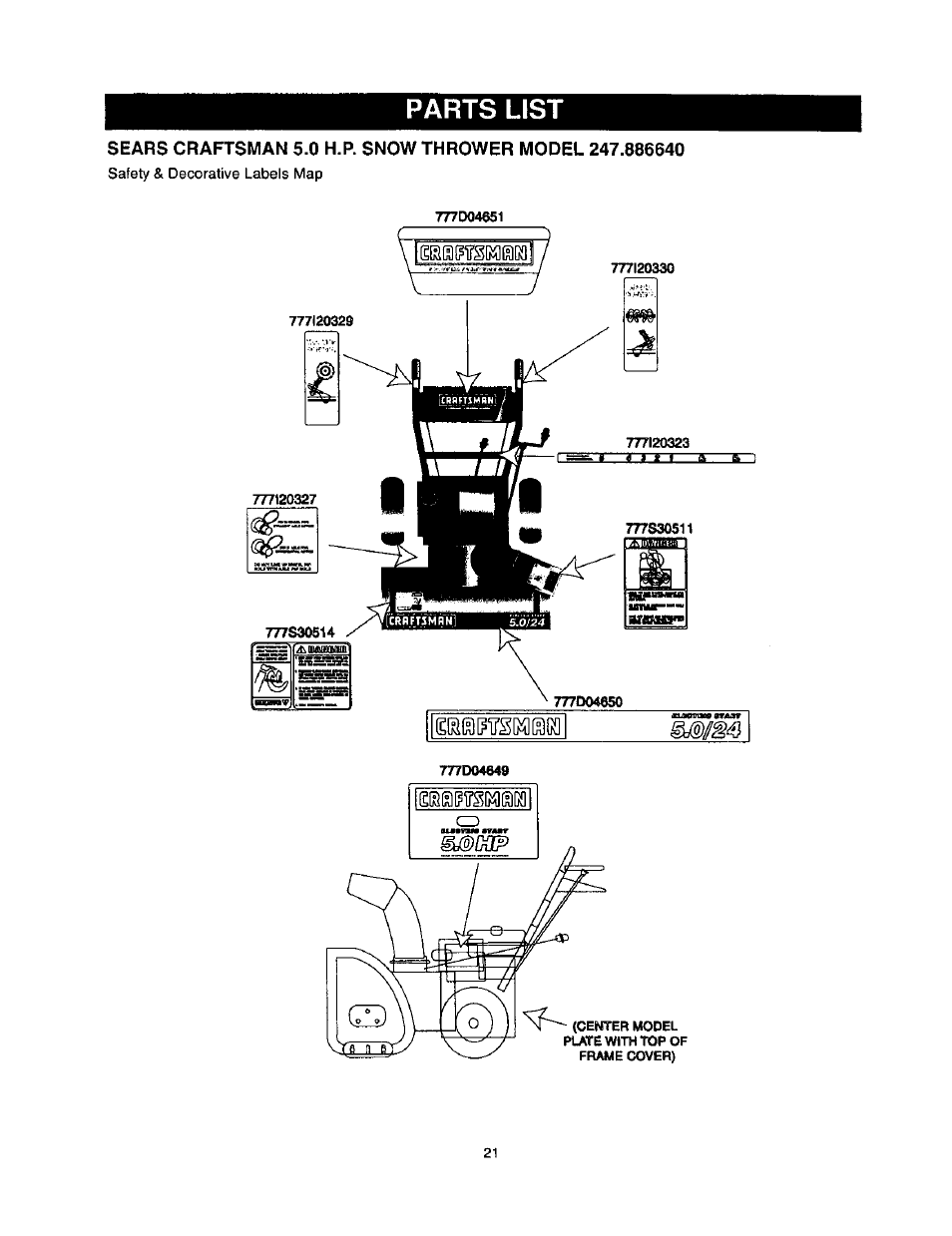 Parts list | Craftsman 247.886640 User Manual | Page 21 / 33