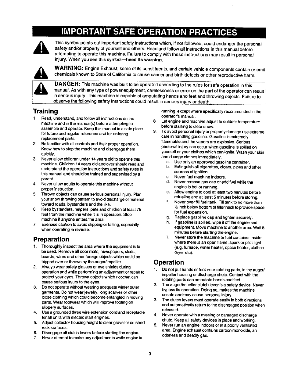 Important safe operation practices, Training, Preparation | Operation, Warning, Danger | Craftsman 247.886640 User Manual | Page 3 / 33