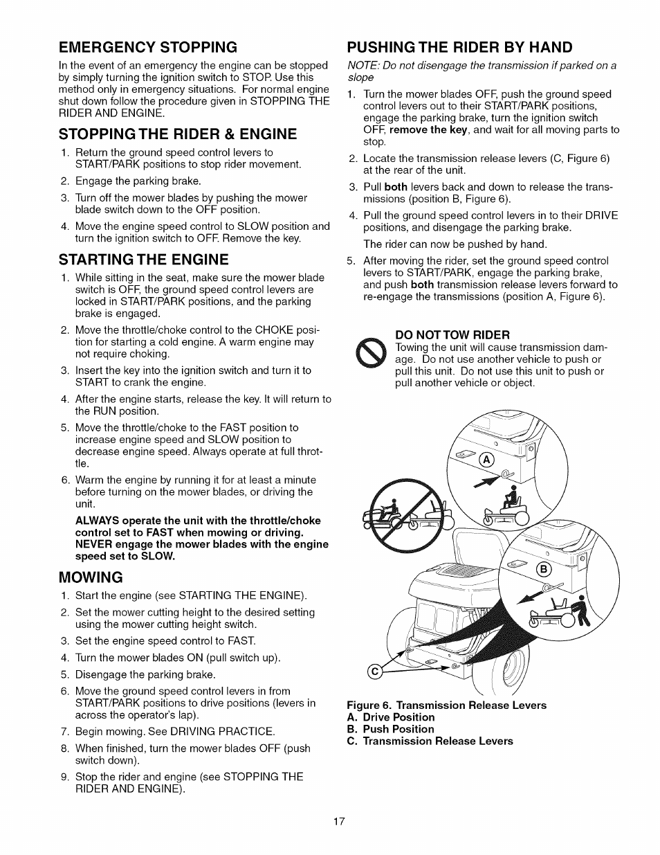 Emergency stopping, Stopping the rider & engine, Starting the engine | Mowing, Pushing the rider by hand | Craftsman 107.289860 User Manual | Page 17 / 116