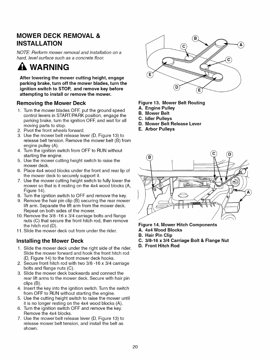 Mower deck removal & installation, Removing the mower deck, Installing the mower deck | Figuréis. mower belt routing, Warning | Craftsman 107.289860 User Manual | Page 20 / 116