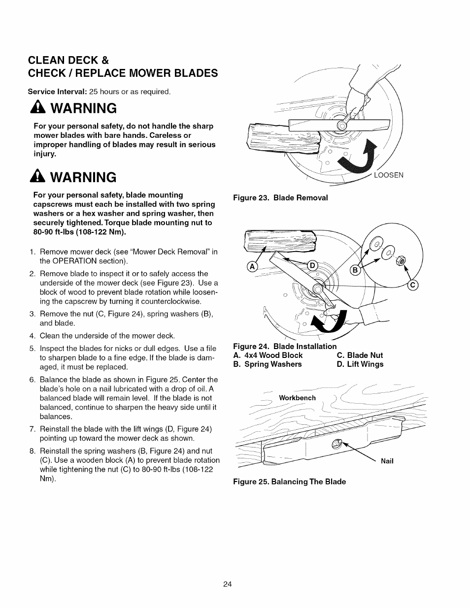 Clean deck, Check / replace mower blades, Warning | Clean deck & check / replace mower blades | Craftsman 107.289860 User Manual | Page 24 / 116