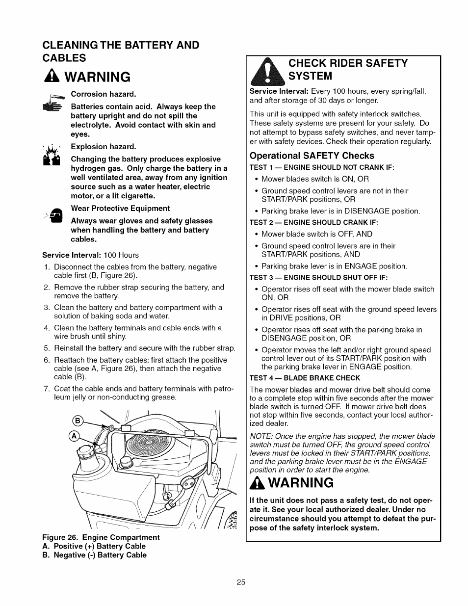 Cleaning the battery and cables, Corrosion hazard, Warning | A warning, Check rider safety system | Craftsman 107.289860 User Manual | Page 25 / 116