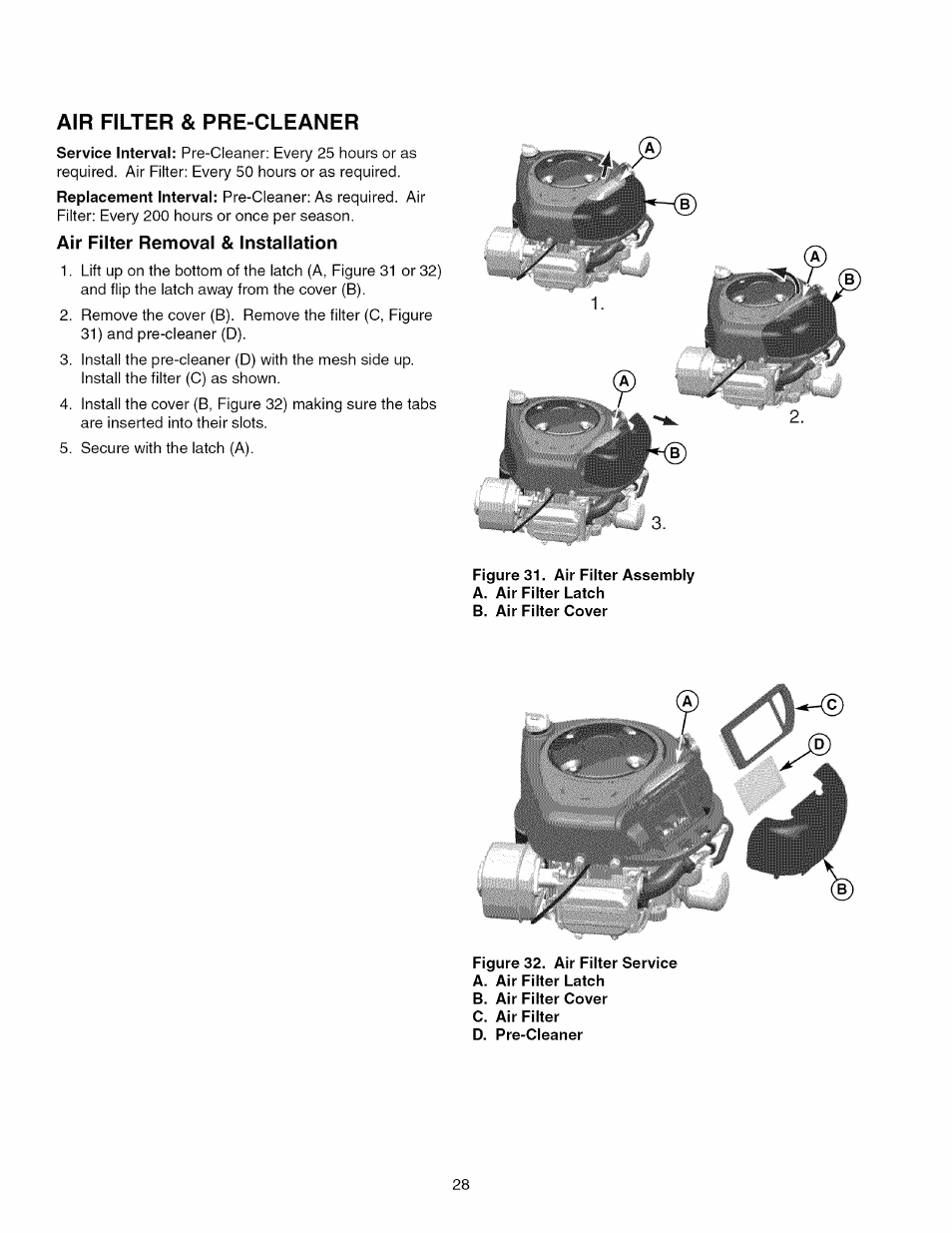 Air filter & pre-cleaner, Air filter removal & installation, Figure 31. air filter assembly | Figure 32. air filter service | Craftsman 107.289860 User Manual | Page 28 / 116