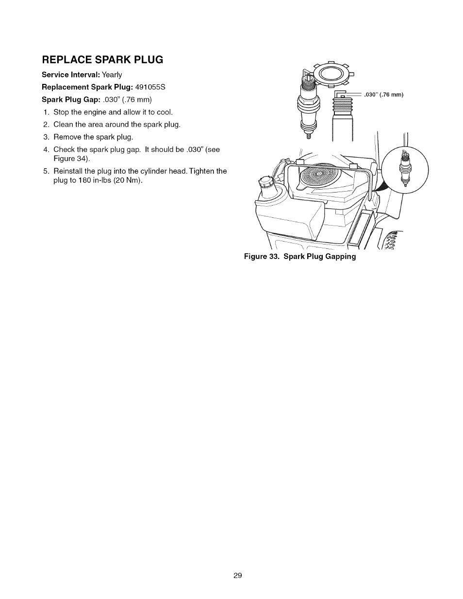 Replace spark plug | Craftsman 107.289860 User Manual | Page 29 / 116