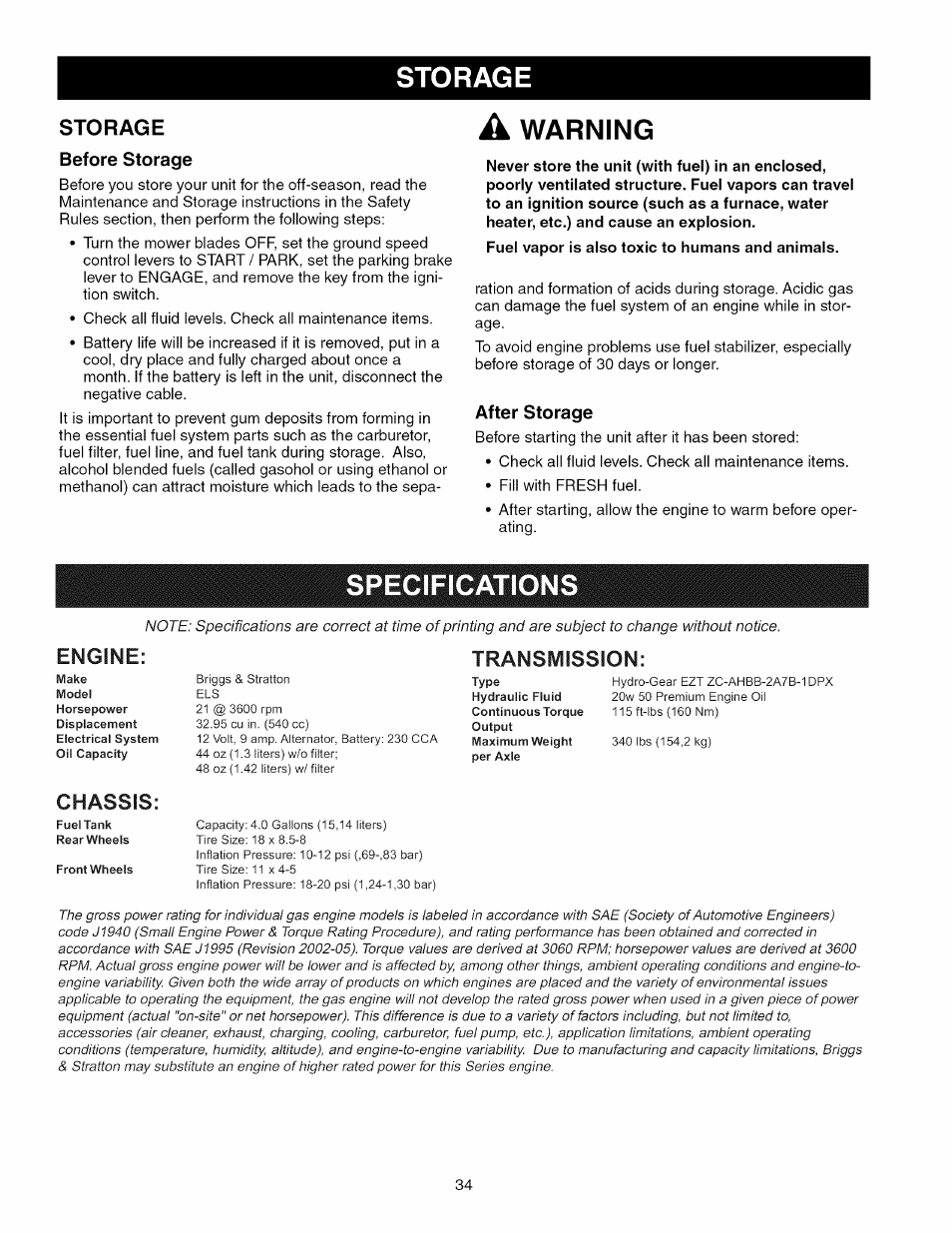 Storage, Before storage, After storage | Transmission, Warning, Specifications, Engine, Chassis | Craftsman 107.289860 User Manual | Page 34 / 116