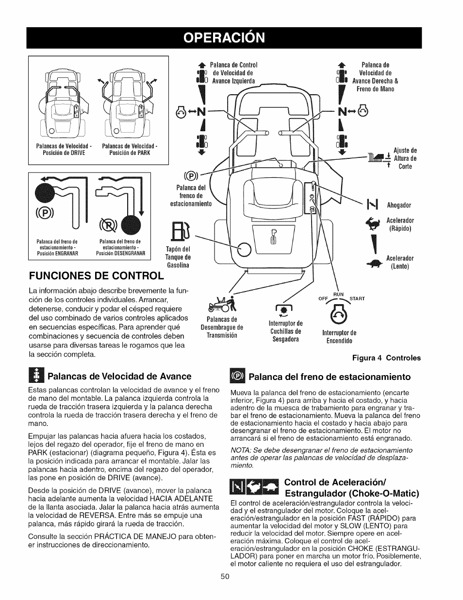 Funciones de control, Palancas de velocidad de avance, Palanca del freno de estacionamiento | Operacion | Craftsman 107.289860 User Manual | Page 50 / 116