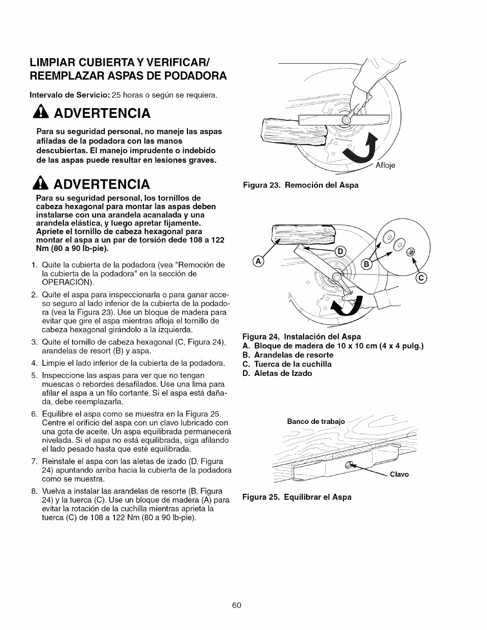 Figura 24. instalación del aspa, Figura 25. equilibrar el aspa, Advertencia | Craftsman 107.289860 User Manual | Page 60 / 116