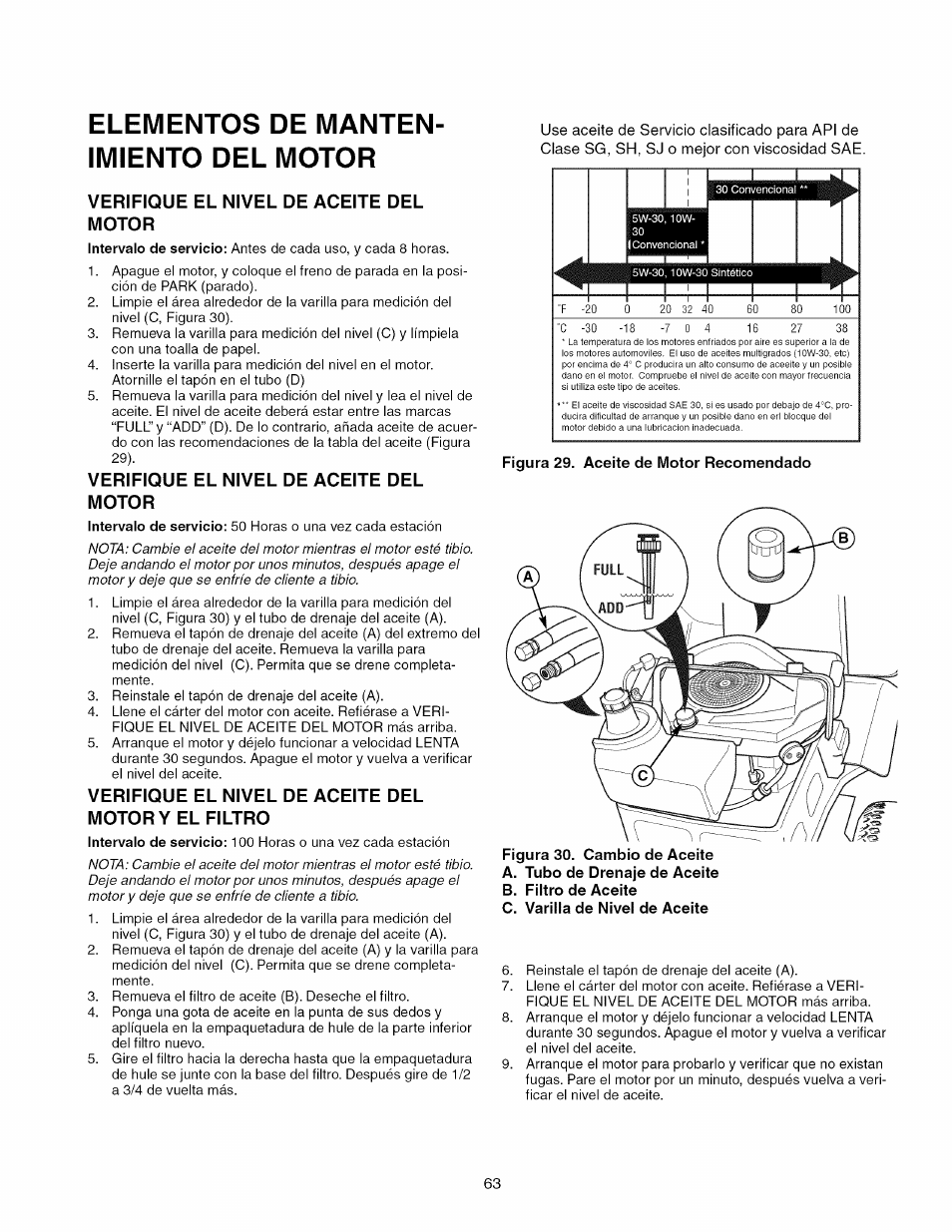 Verifique el nivel de aceite del motor, Verifique el nivel de aceite del motor y el filtro, Figura 29. aceite de motor recomendado | Tubo de drenaje de aceite, Elementos de manten­ imiento del motor | Craftsman 107.289860 User Manual | Page 63 / 116