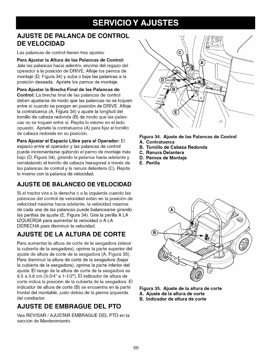 Ajuste de palanca de control de velocidad, Ajuste de la altura de corte, Ajuste de embrague del pto | Servicio y ajustes, Ajuste de balanceo de velocidad | Craftsman 107.289860 User Manual | Page 66 / 116