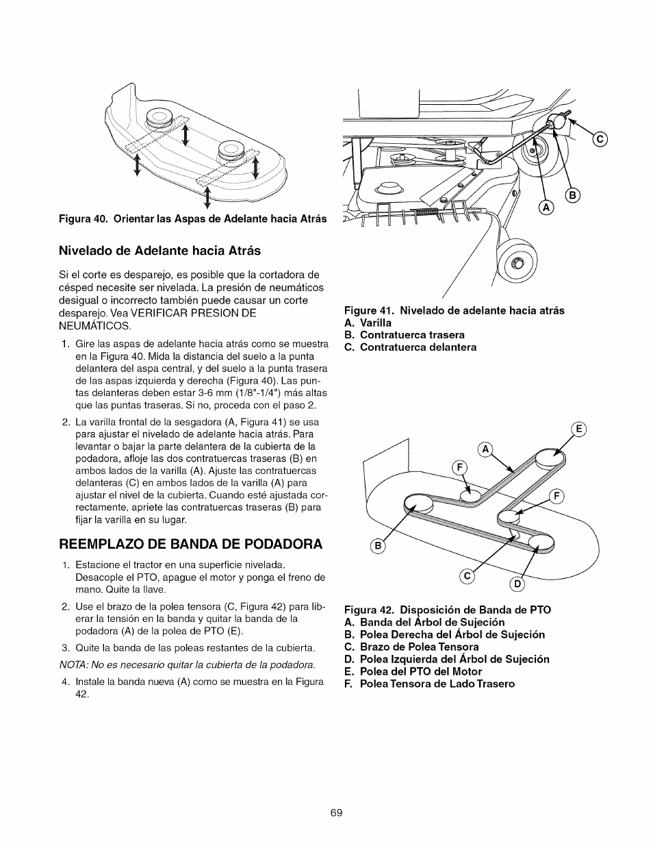 Nivelado de adelante hacia atrás, Reemplazo de banda de rodadora | Craftsman 107.289860 User Manual | Page 69 / 116