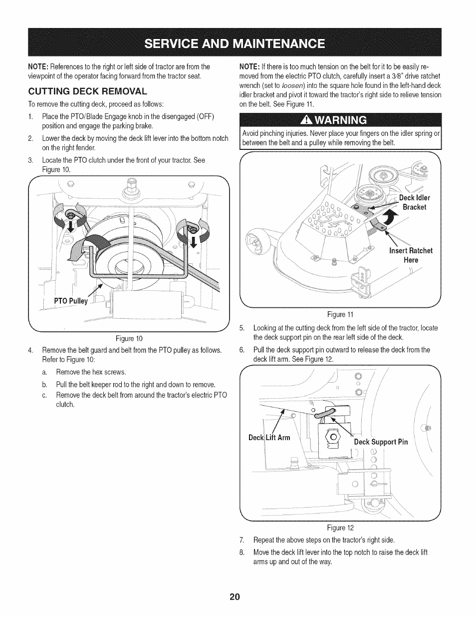 Cutting deck removal, Awarning, Insert ratchet here | Service and maintenance | Craftsman PGT9000 User Manual | Page 20 / 100