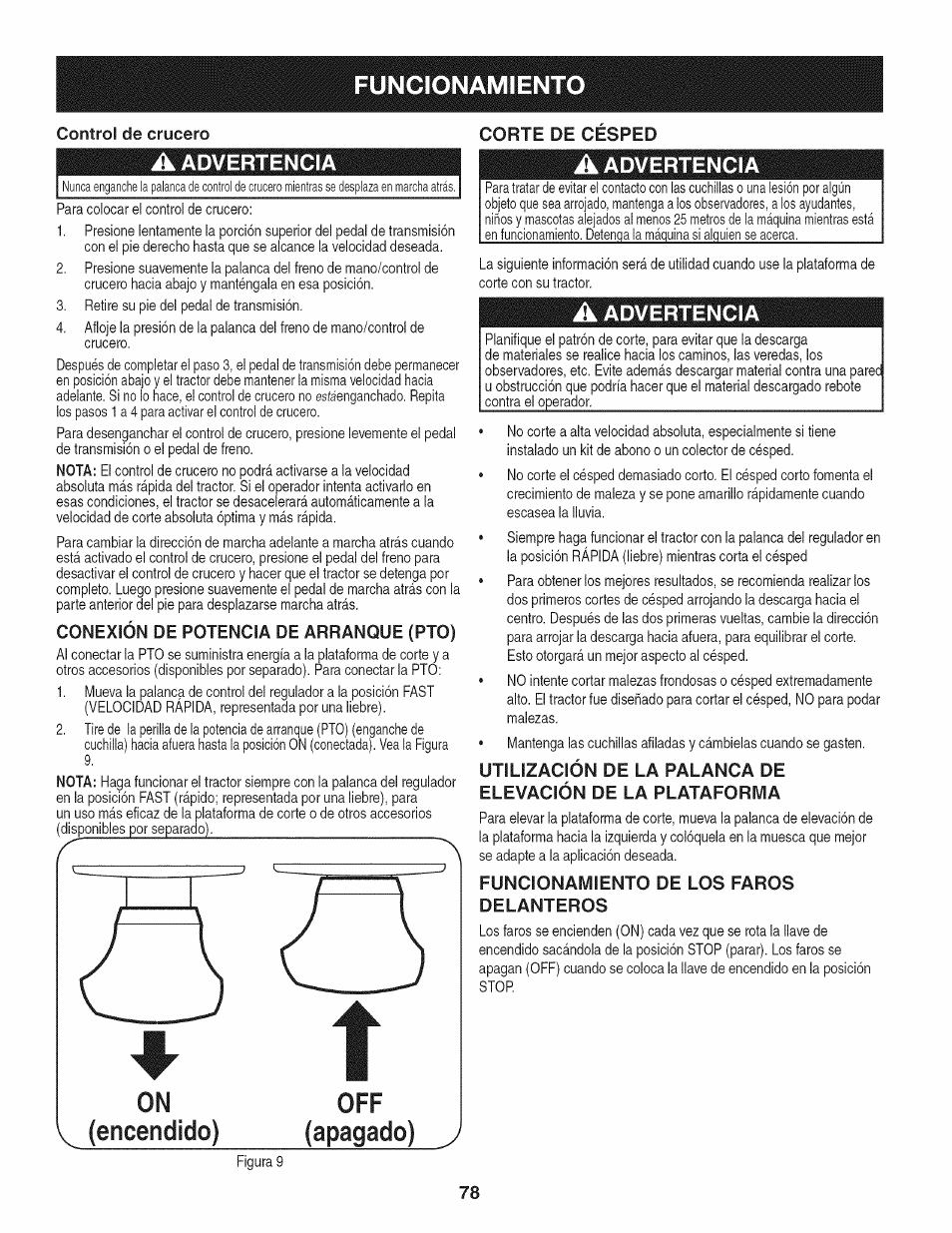 Corte de cesped, A advertencia, Conexión de potencia de arranque (pto) | Funcionamiento de los faros delanteros, Funcionamiento, Advertencia | Craftsman PGT9000 User Manual | Page 78 / 100