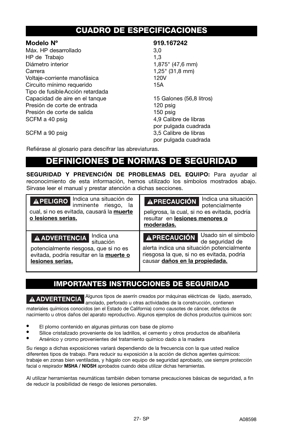 Definiciones de normas de seguridad, Cuadro de especificaciones, Importantes instrucciones de seguridad | Craftsman 919.167242 User Manual | Page 23 / 44