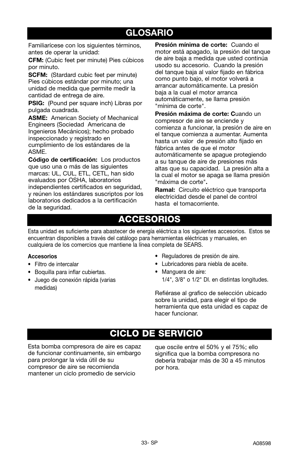 Glosario accesorios, Ciclo de servicio | Craftsman 919.167242 User Manual | Page 29 / 44