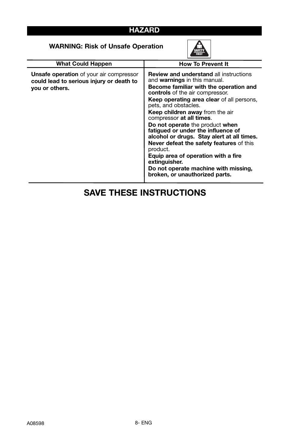 Save these instructions, Hazard | Craftsman 919.167242 User Manual | Page 8 / 44