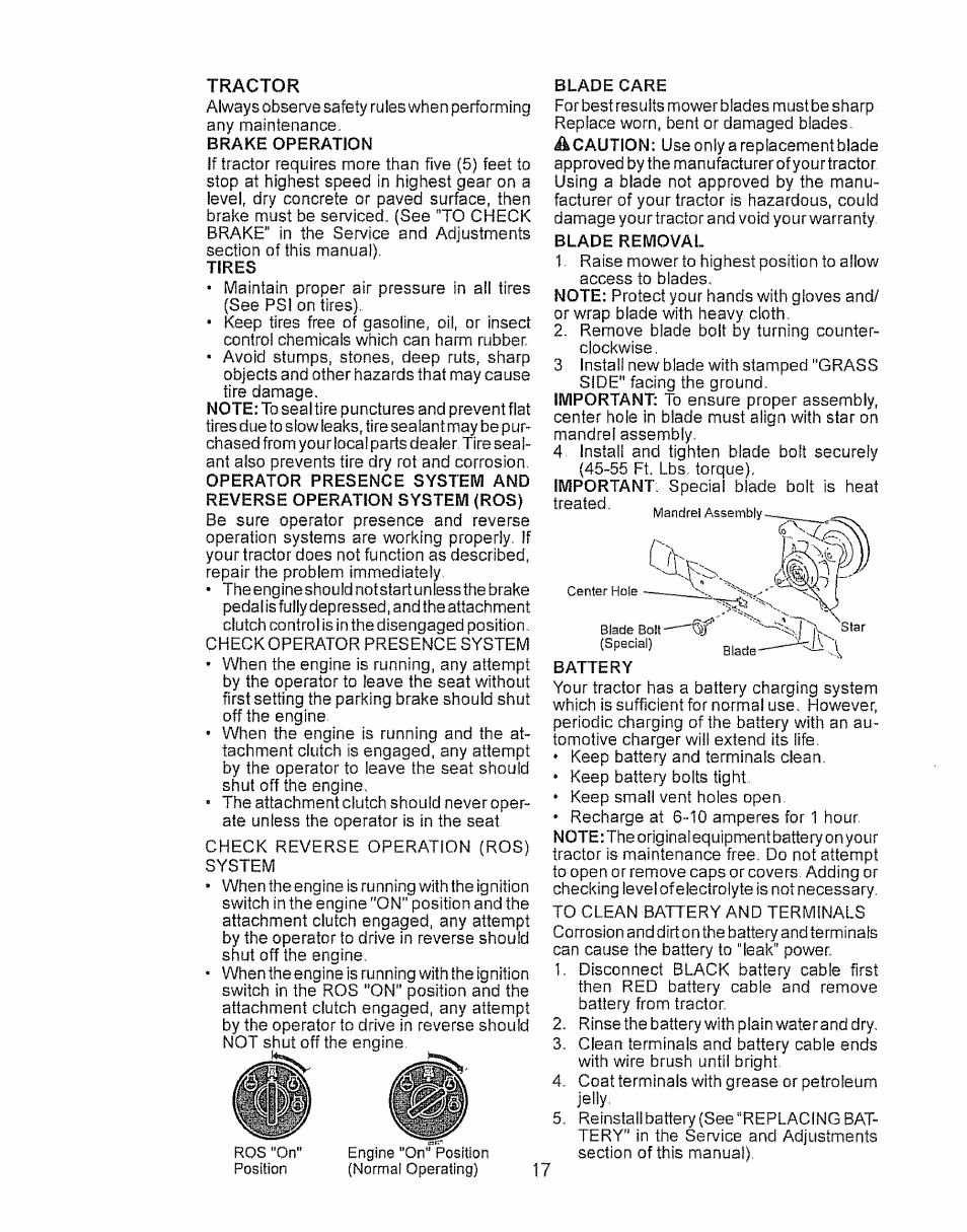 Tractor, Tires, Blade care | Blade removal | Craftsman 917.28934 User Manual | Page 17 / 64