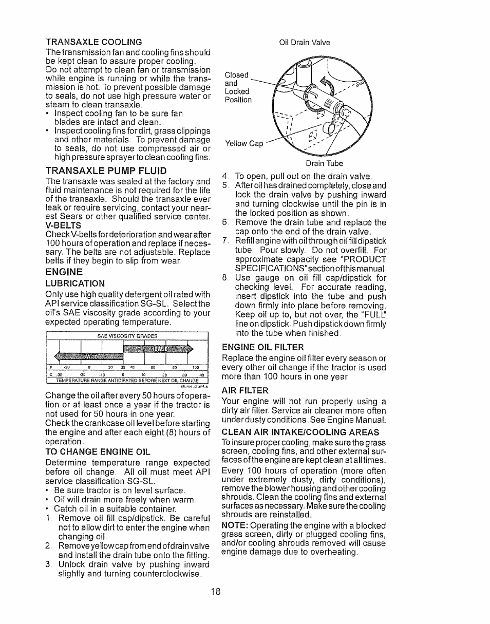 Transaxle cooling, Transaxle pump fluid, Engine | Lubrication, To change engine oil, Engine oil filter, Air filter, Clean air intake/cooling areas | Craftsman 917.28934 User Manual | Page 18 / 64