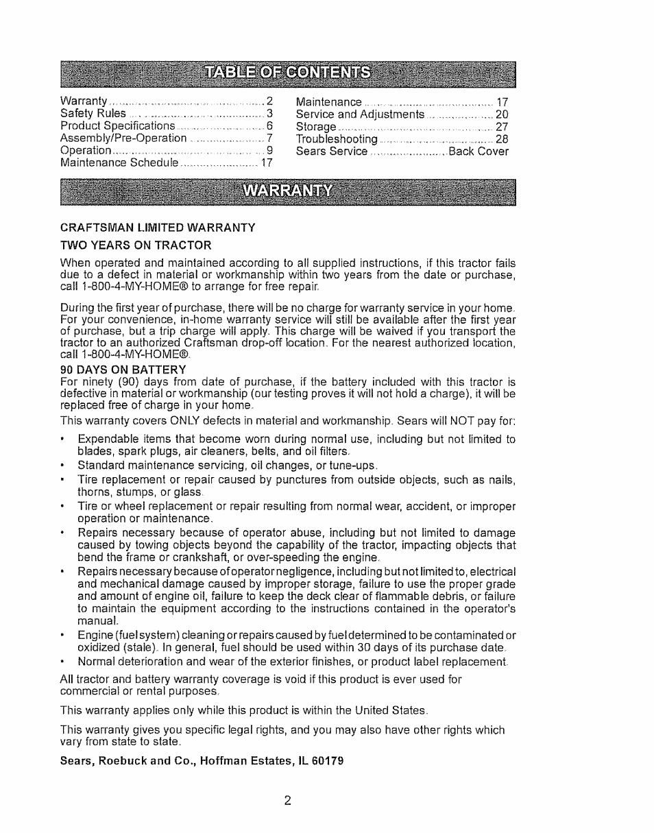 Craftsman limited warranty two years on tractor, 90 days on battery | Craftsman 917.28934 User Manual | Page 2 / 64