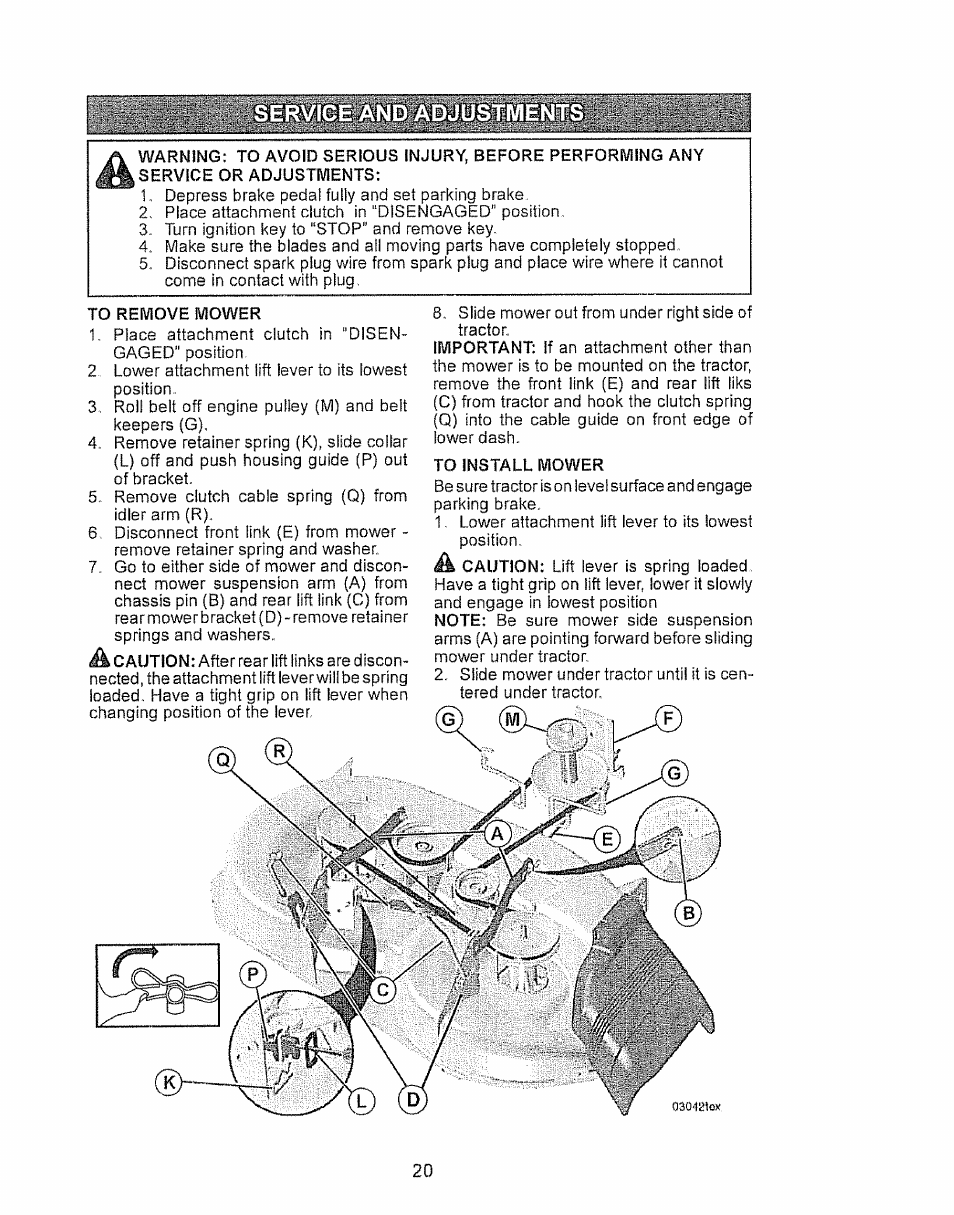 To remove mower, To install mower | Craftsman 917.28934 User Manual | Page 20 / 64
