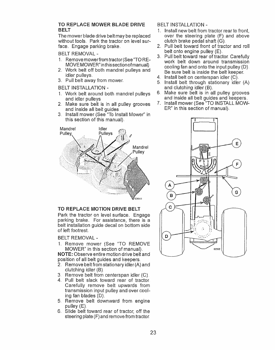 To replace mower blade drive, Belt, To replace motion drive belt | Craftsman 917.28934 User Manual | Page 23 / 64