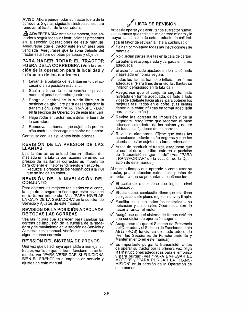 Revisión de la presión de las llantas, Revisión de la nivelación del conjunto, Revisión del sisteivla de frenos | Lista de revisión | Craftsman 917.28934 User Manual | Page 38 / 64