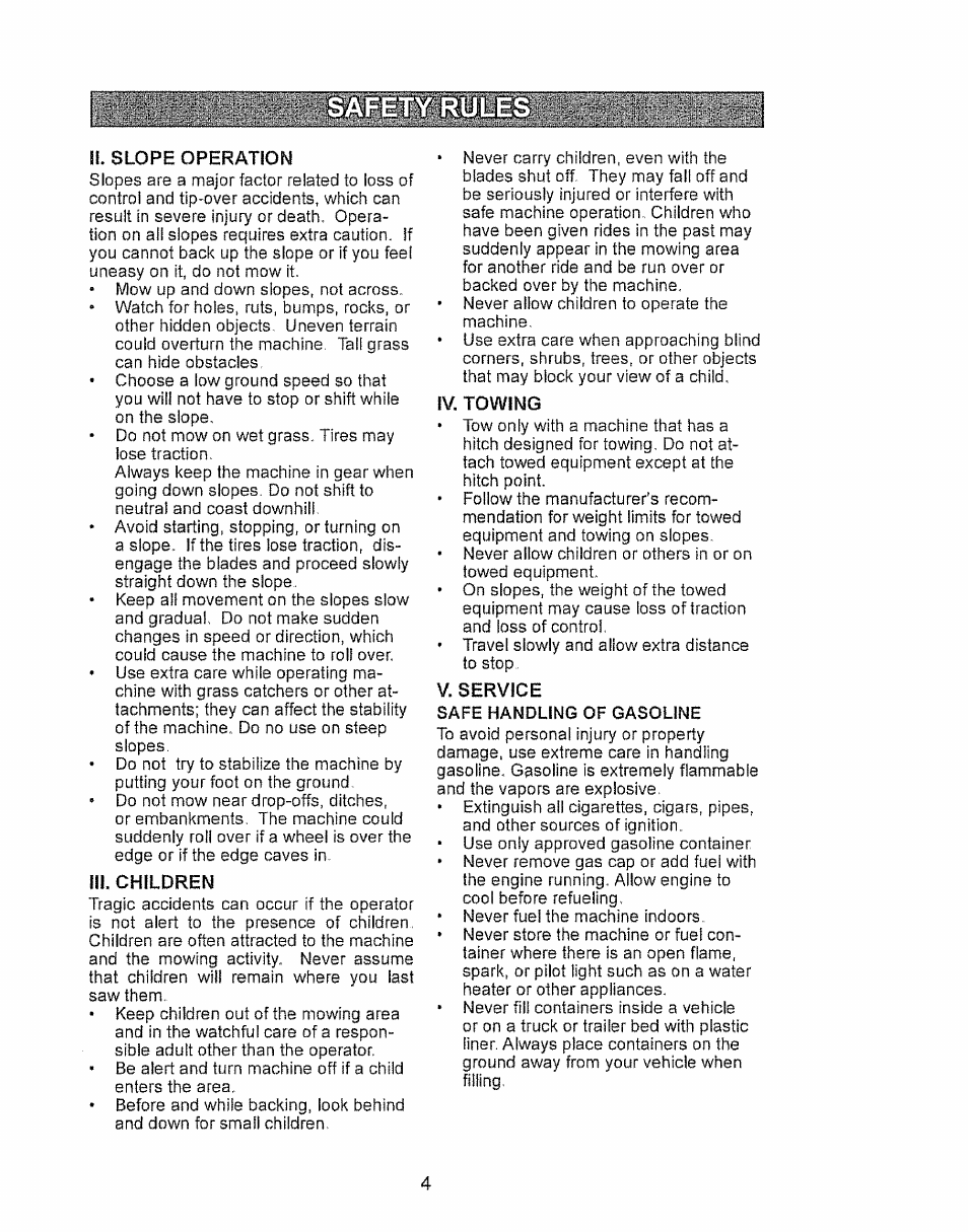 Ii. slope operation, Hi. children, Iv. towing | V. service, Safe handling of gasoline | Craftsman 917.28934 User Manual | Page 4 / 64