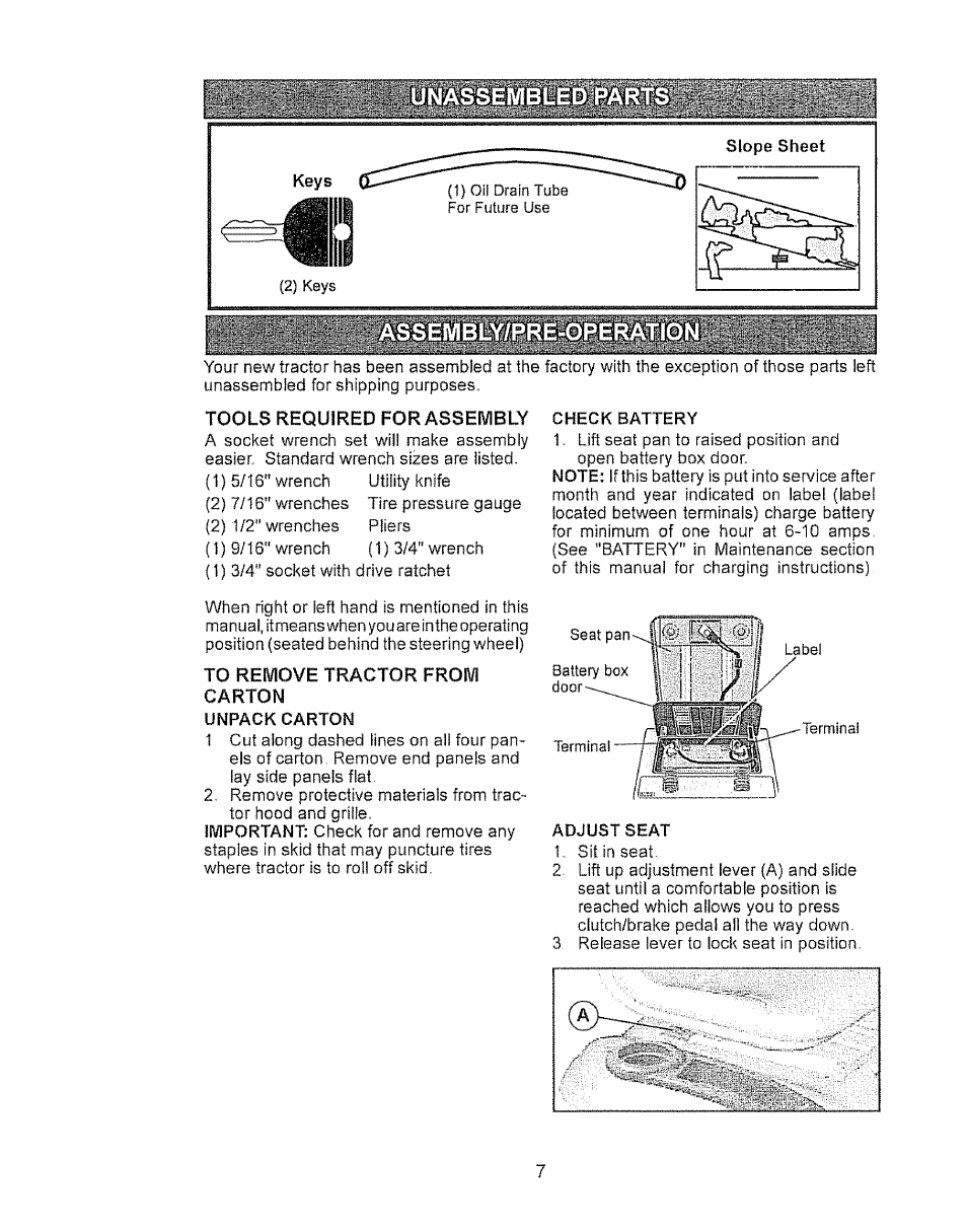 Sembly/pre-operation, Tools required for assembly, To remove tractor from | Carton, Unpack carton, Check battery | Craftsman 917.28934 User Manual | Page 7 / 64