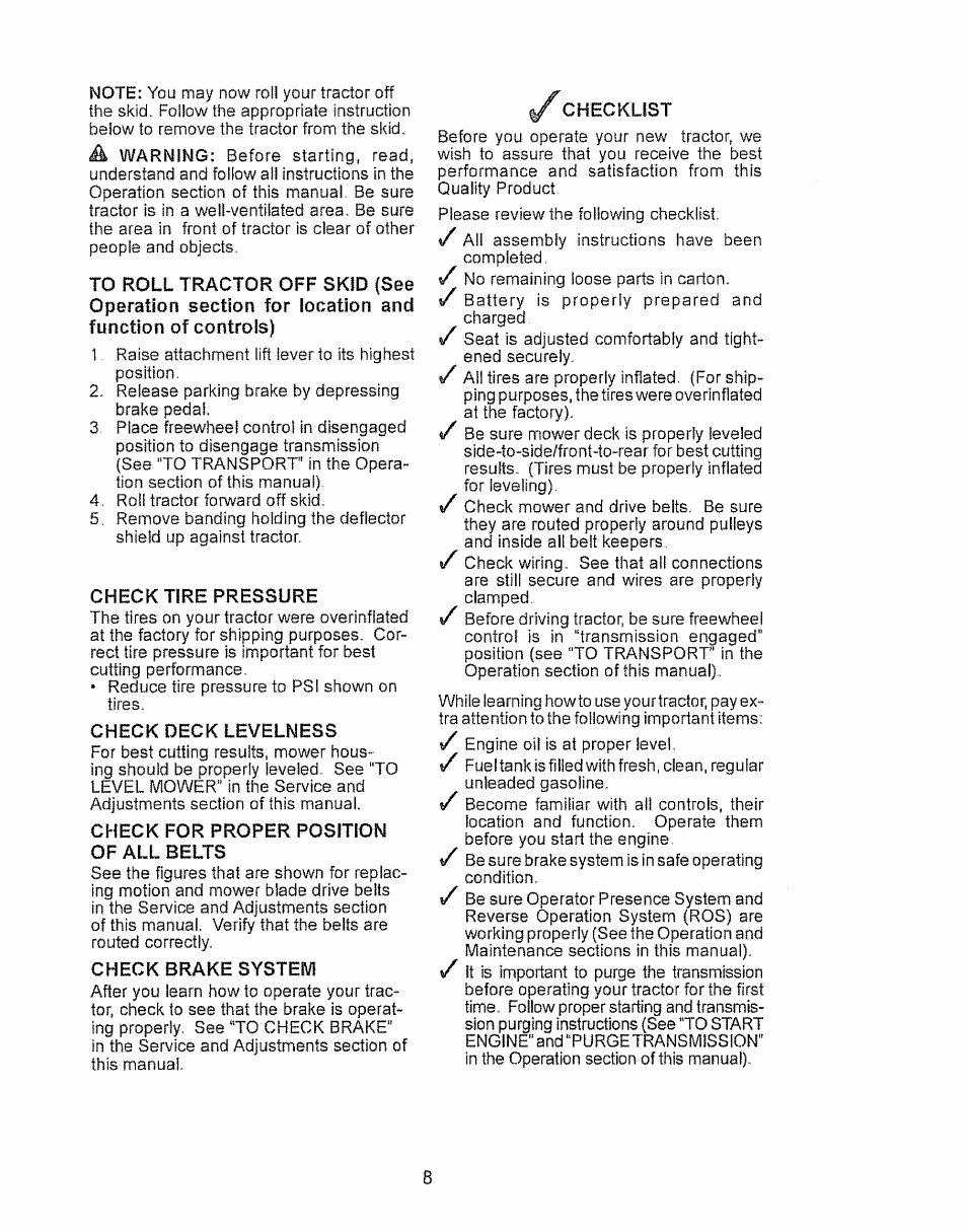 Check tire pressure, Check deck levelness, Check for proper position | Check brake system, Checklist | Craftsman 917.28934 User Manual | Page 8 / 64