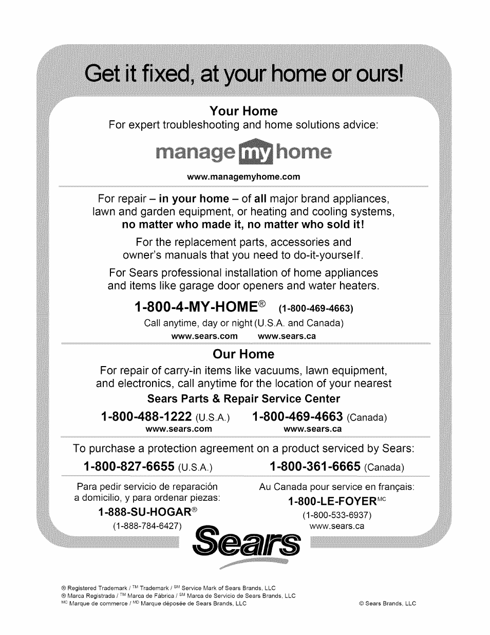 888-su-hogar, Get it fixed, at your home or ours, 800-4-my-home | Craftsman 610.24610 User Manual | Page 11 / 11