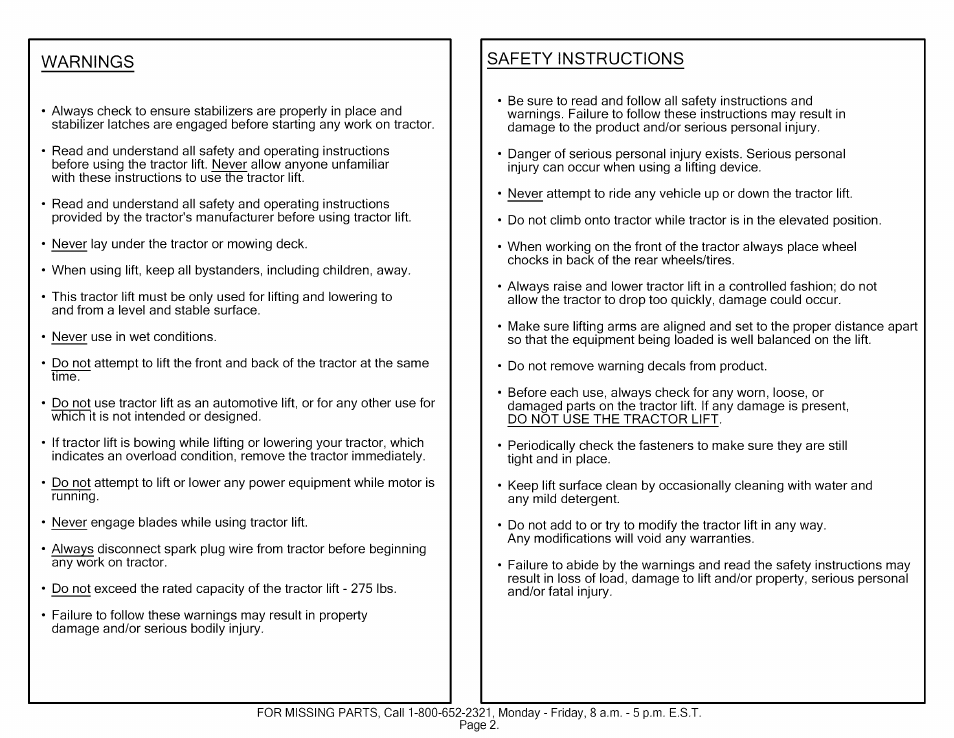 Warnings, Safety instructions | Craftsman 610.24610 User Manual | Page 2 / 11