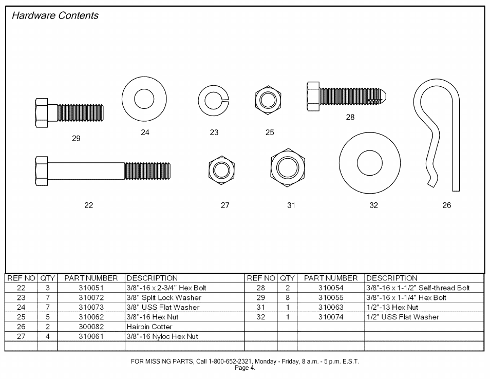 Hardware contents | Craftsman 610.24610 User Manual | Page 4 / 11