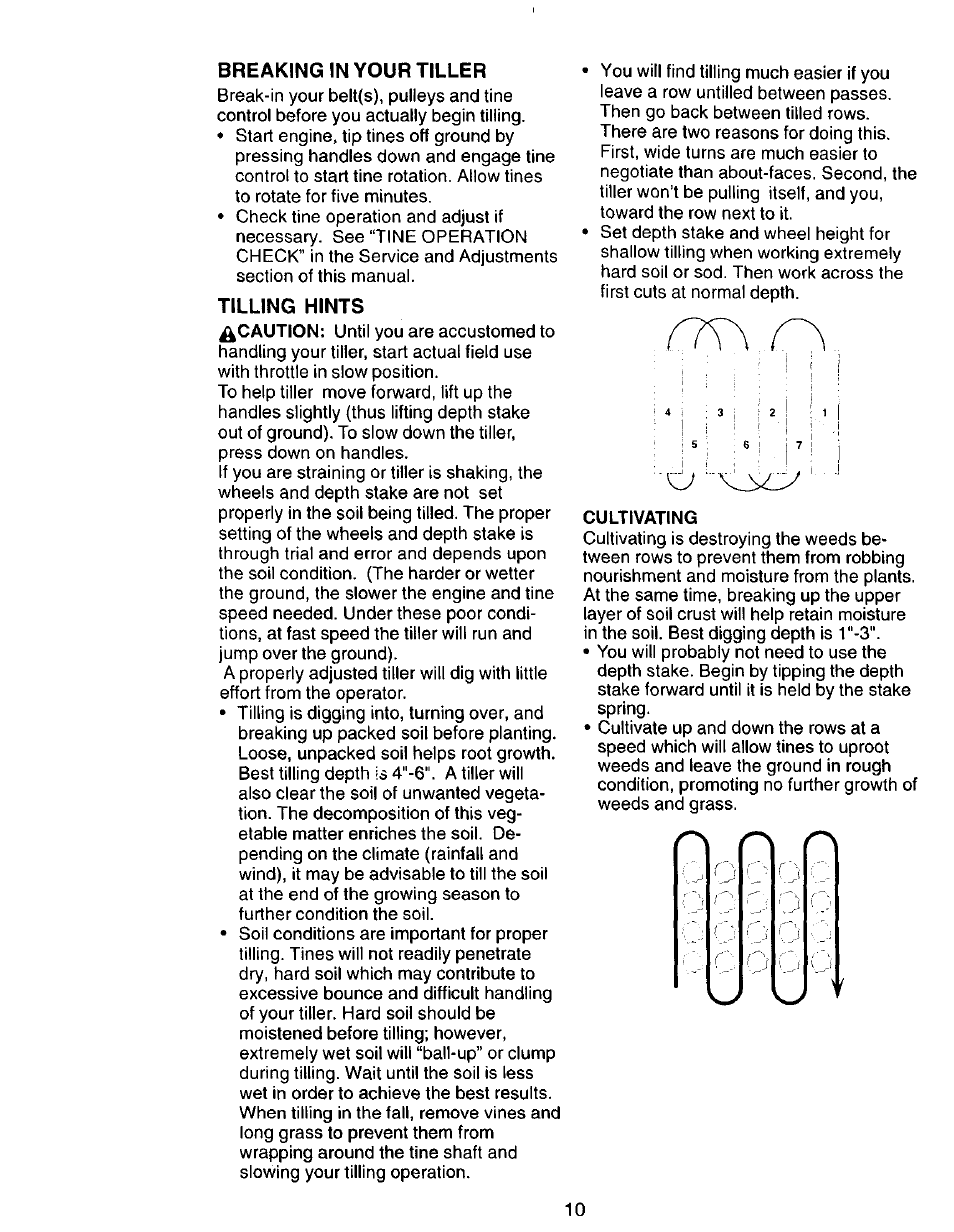 Breaking in your tiller, Tilling hints, Cultivating | Craftsman 917.292394 User Manual | Page 10 / 31