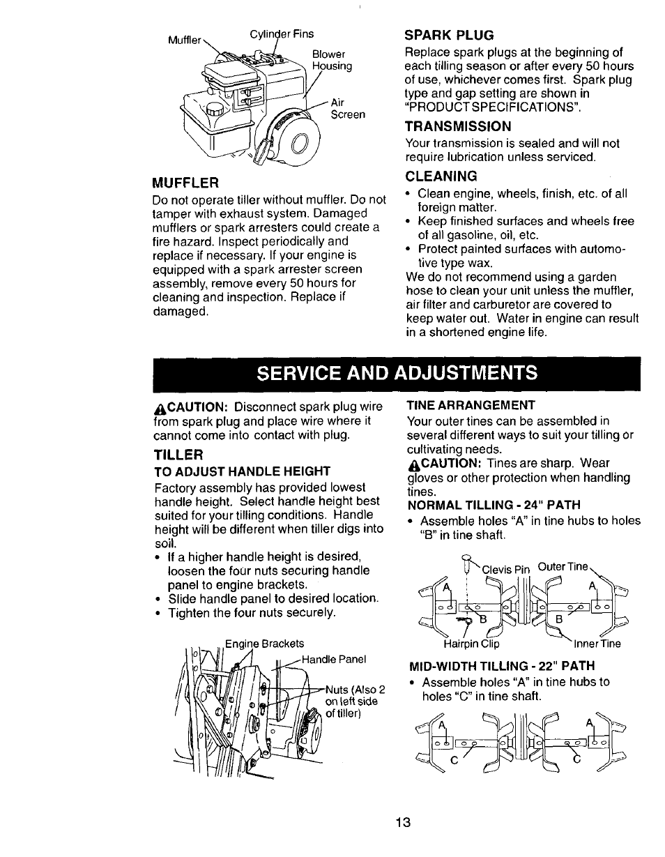 Muffler, Spark plug, Transmission | Cleaning, Service and adjustments, Tiller, To adjust handle height, Mid-width tilling - 22" path | Craftsman 917.292394 User Manual | Page 13 / 31